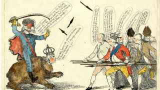 Карикатура 1791 года: русский медведь с лицом Екатерины Великой, верхом на ней князь Потемкин; среди напуганных – король Георг III (в короне)