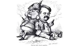 Карикатура 1871 года: кайзер Вильгельм Первый и канцлер Отто фон Бисмарк. Подпись: «Голова к голове»